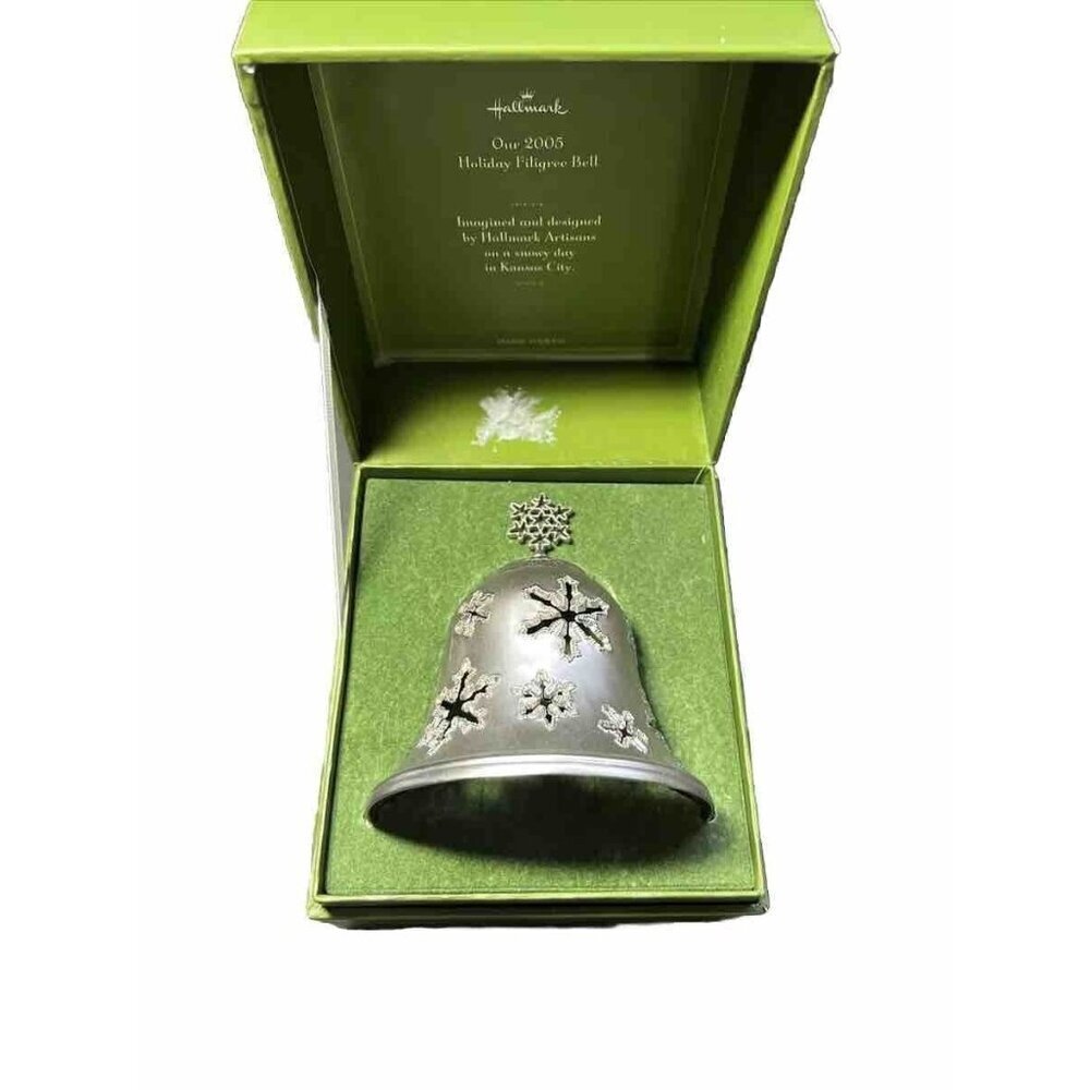 Vtg 2005 IOB Hallmark Holiday Filigree Bell Snowflake Silver Christmas O…